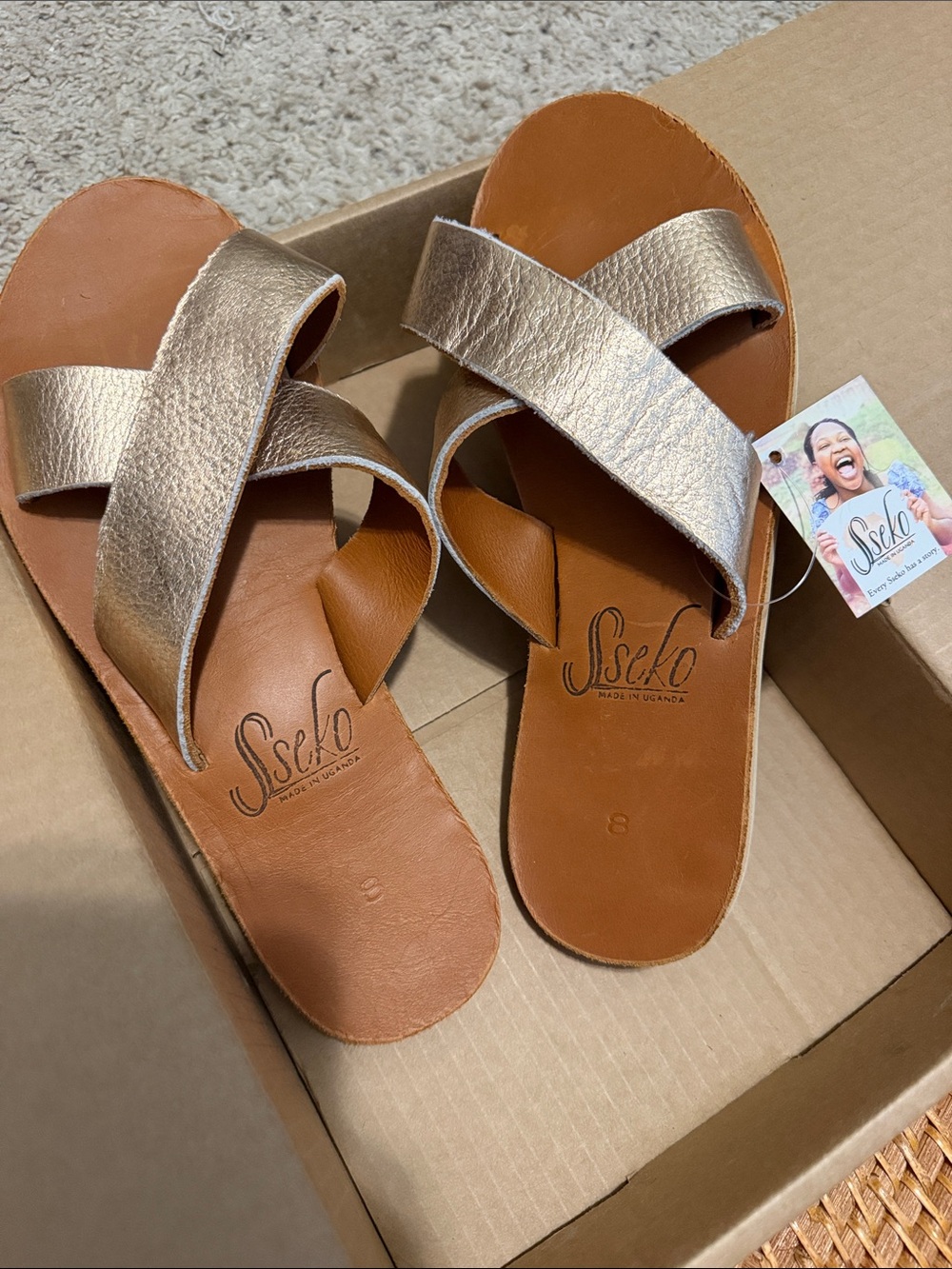 Sseko Rose Gold Leather Cross-Strap Slide Sandals